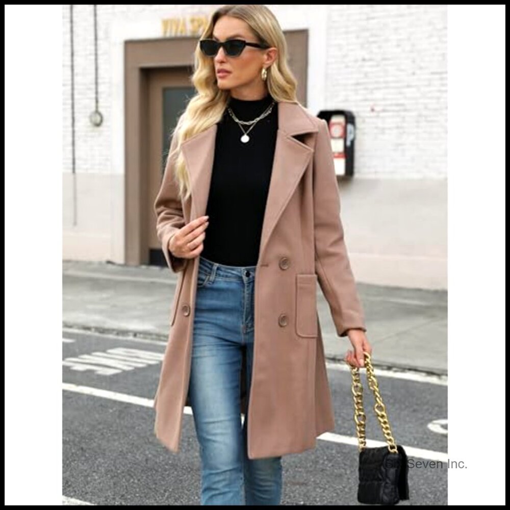 Winter Wool Blend Pea Coat Double-Breasted Notch Lapel Long Sleeve - Picture 3 of 7